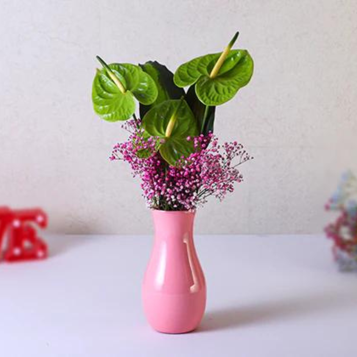 Green Anthurium and Victoria Glass Vase