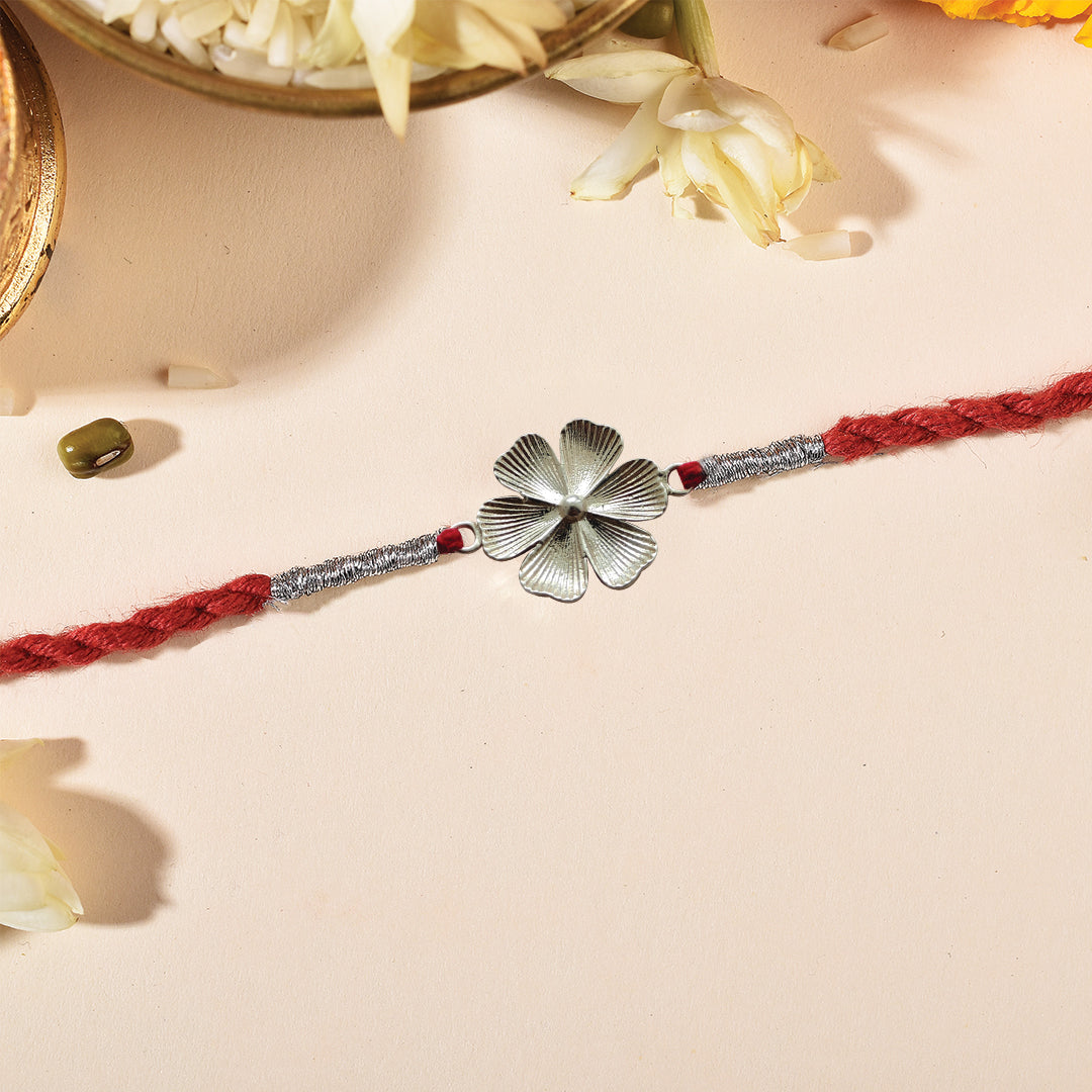 925 Sterling Silver Textured Silver Flower Rakhi