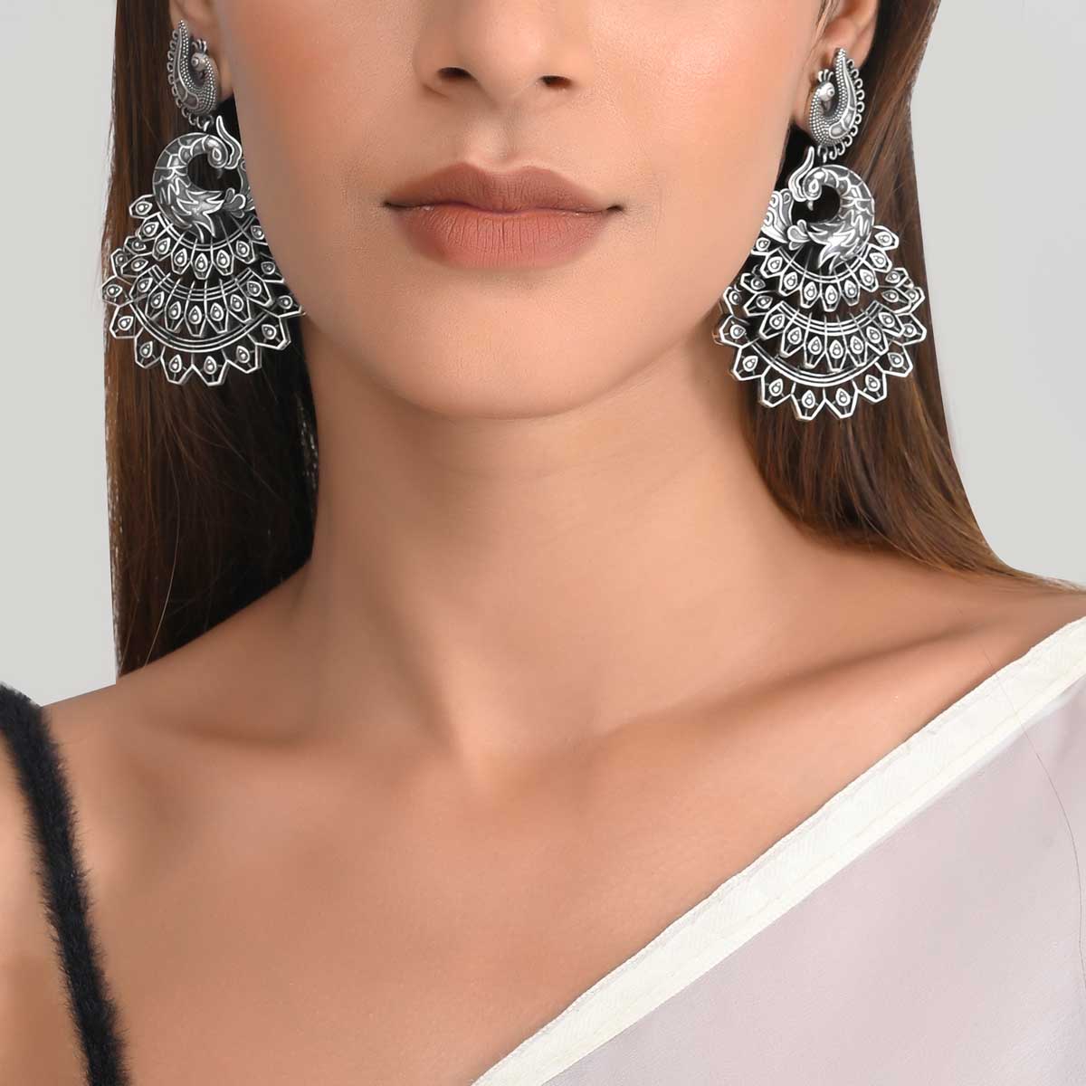 Antique Peacock Silver Chandelier Earrings-1