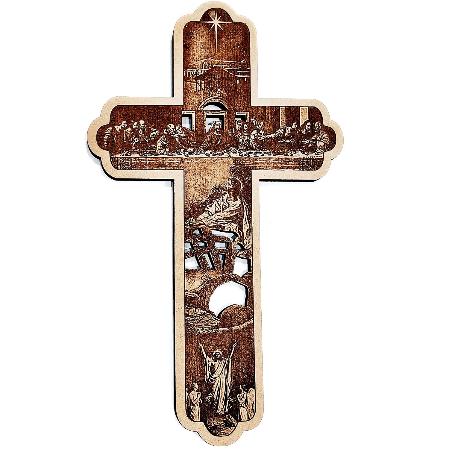 Engraved Jesus Christ Story on Wooden Cross