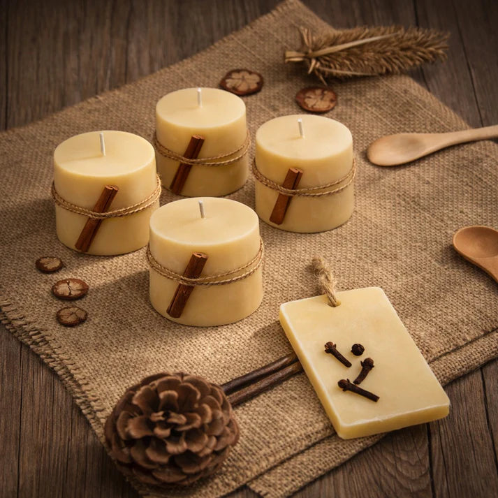 All Organic Beecoco Wax Candle Gift Set Of 4 Small Pillar Candles & One Fragrance Bar In Orange And Clove Blend