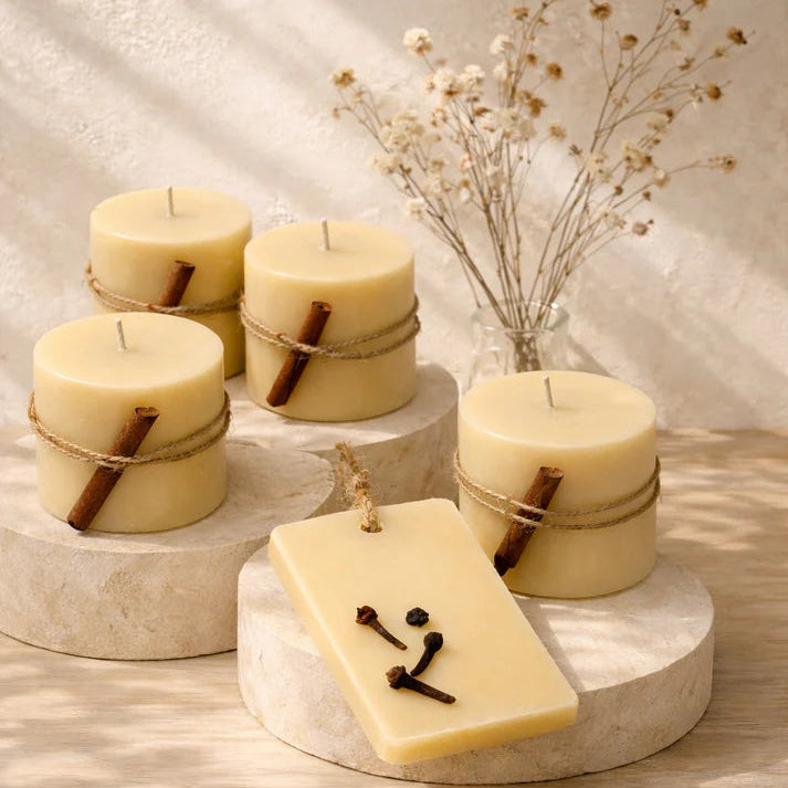 All Organic Beecoco Wax Candle Gift Set Of 4 Small Pillar Candles & One Fragrance Bar In Orange And Clove Blend