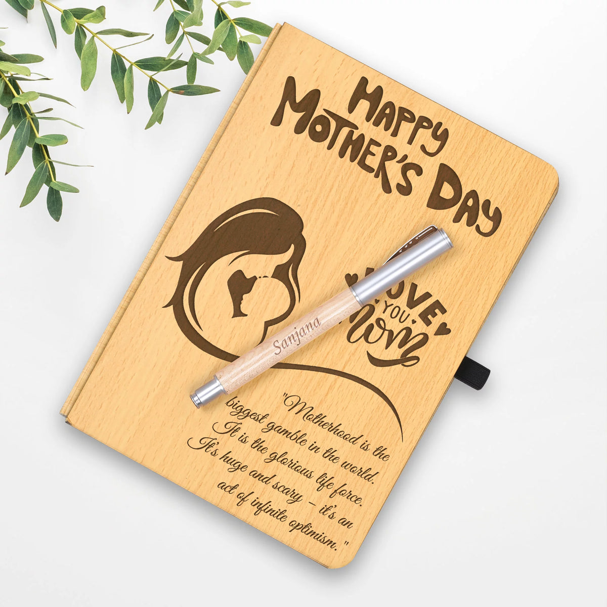 Personalized Engraved Wooden Diary with Pen Gift for Mother's Day-4