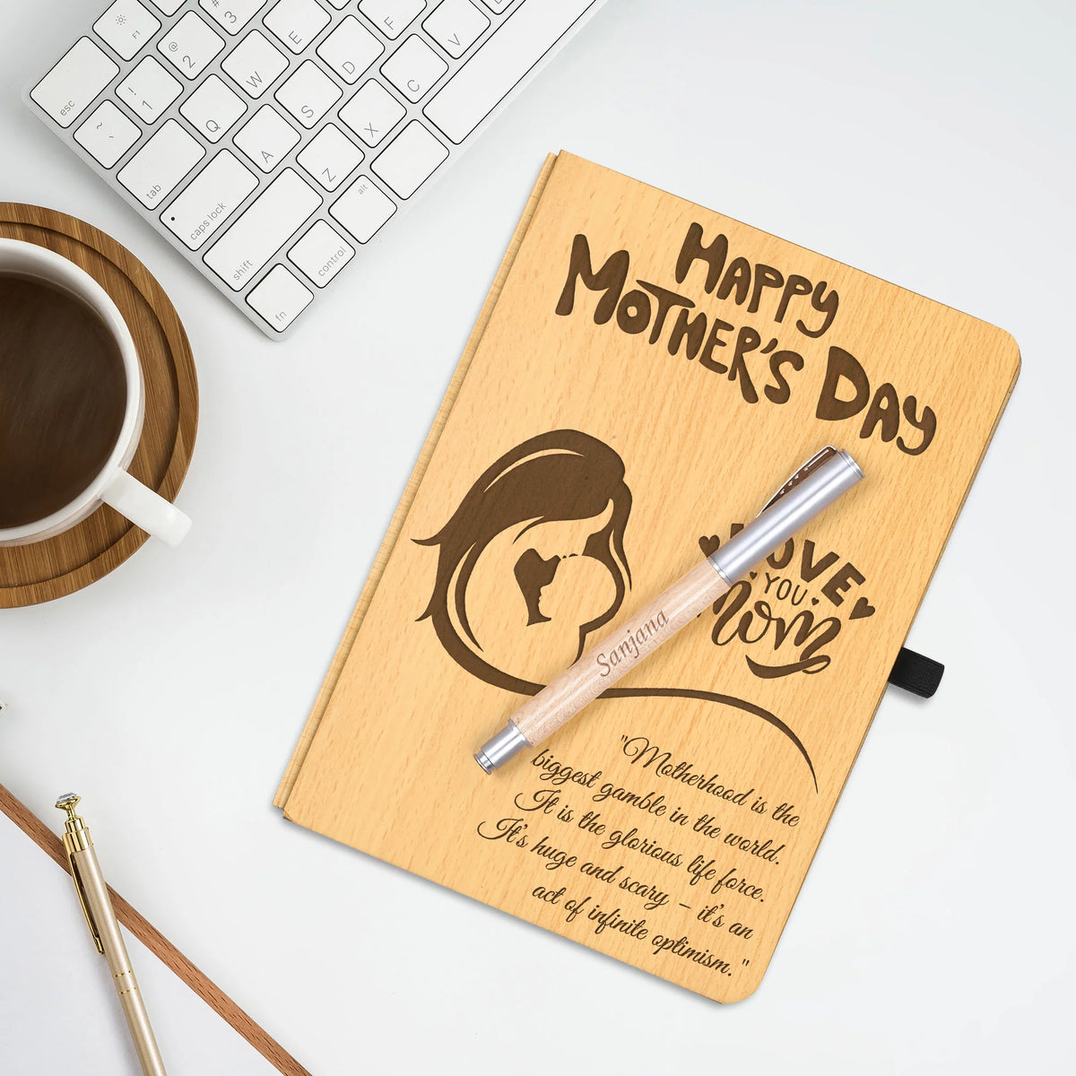 Personalized Engraved Wooden Diary with Pen Gift for Mother's Day