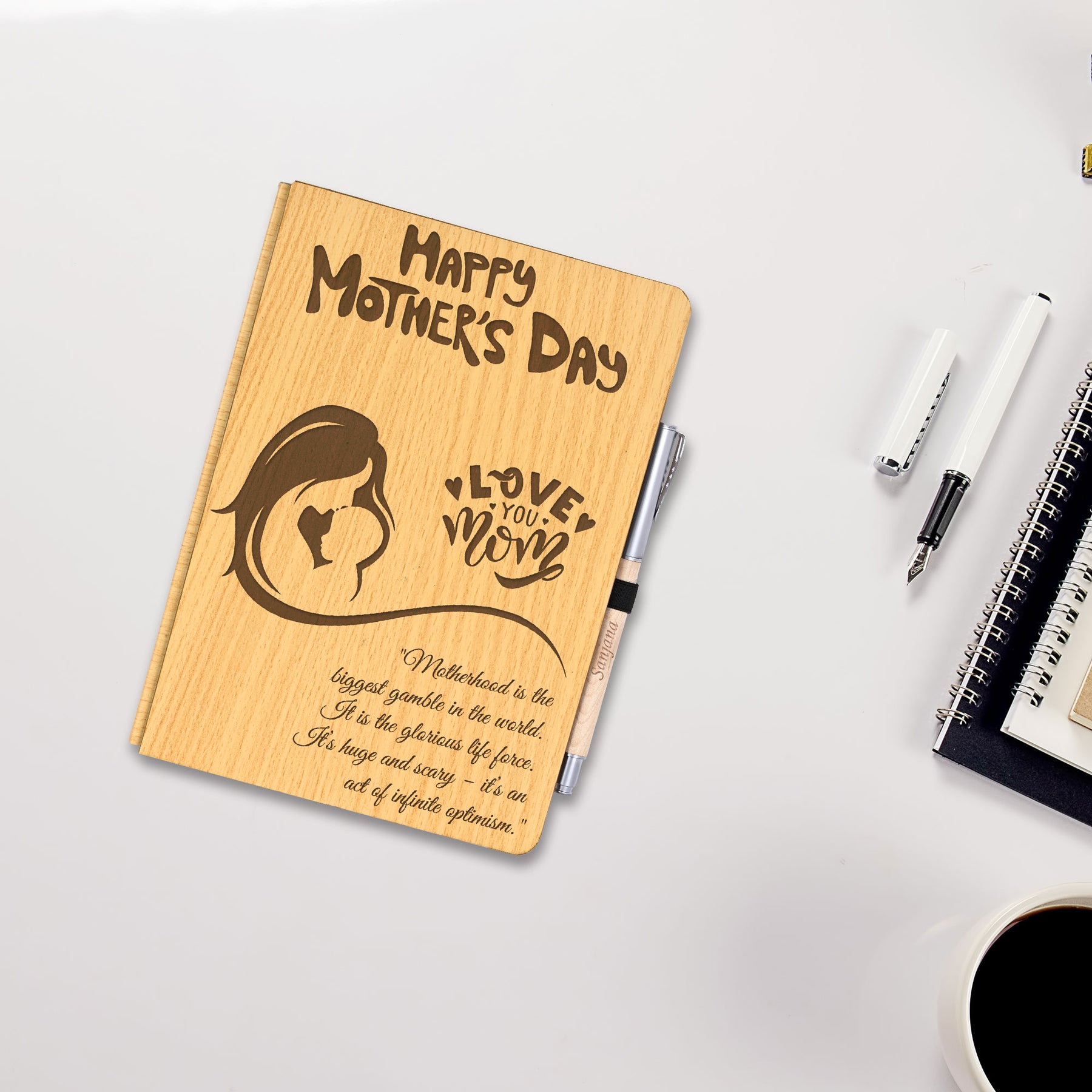Personalized Engraved Wooden Diary with Pen Gift for Mother's Day-3