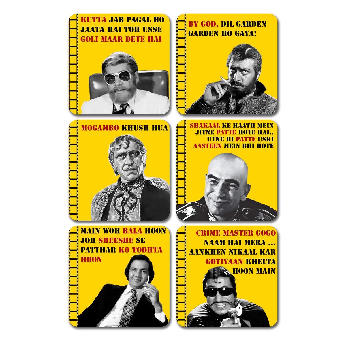 Classic Bollywood Blockbuster Villains With Famous Dialogue Printed Coasters Set of 6