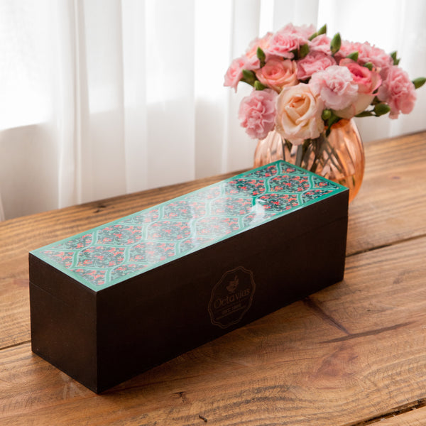 Assortment of Fine Teas- 60 Black & Green Teabags in Ornate Floral Art Wooden Box-4