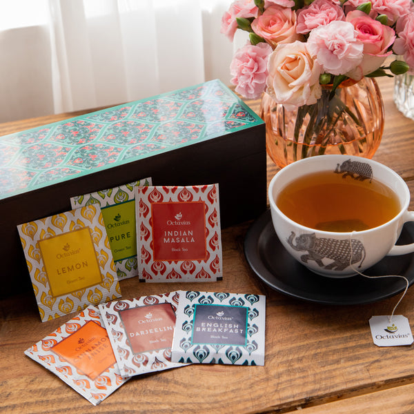 Assortment of Fine Teas- 60 Black & Green Teabags in Ornate Floral Art Wooden Box-3