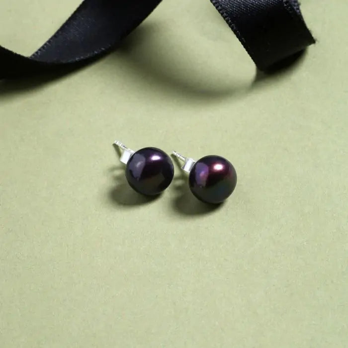 Black Tahitian Pearl Studs - Silver