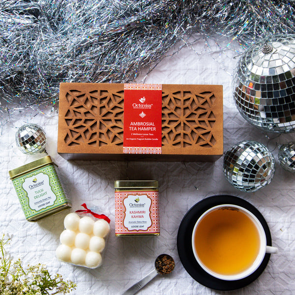 Ambrosial Tea Hamper (2 Wellness Teas & Organic Bubble candle)