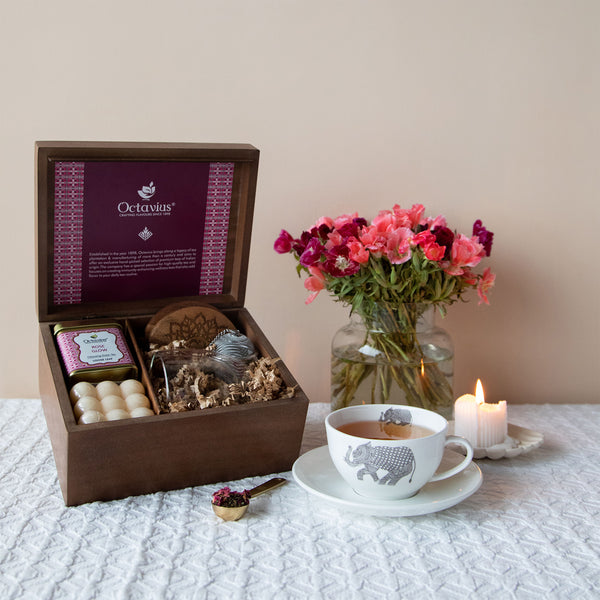 Grand Indulgence Tea Hamper (1 wellness tea, infuser, cup, coasters & organic bubble candle)