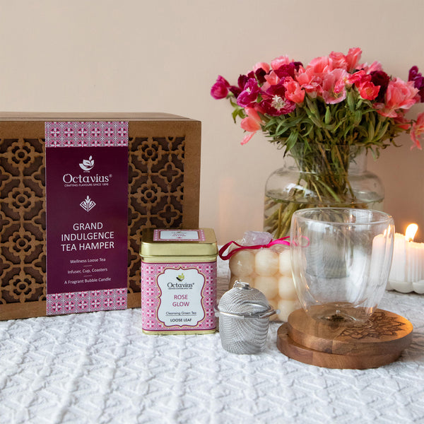 Grand Indulgence Tea Hamper (1 wellness tea, infuser, cup, coasters & organic bubble candle)