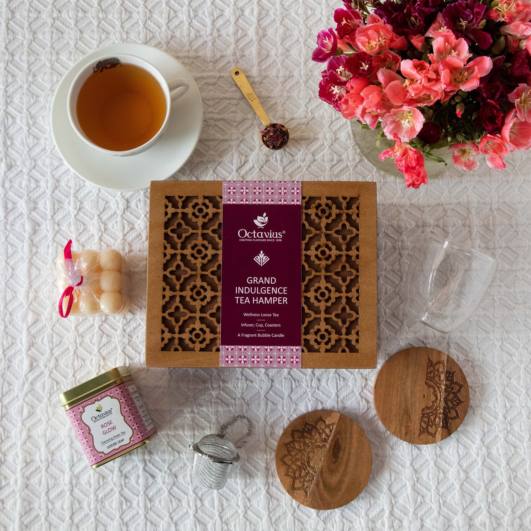 Grand Indulgence Tea Hamper (1 wellness tea, infuser, cup, coasters & organic bubble candle)-6