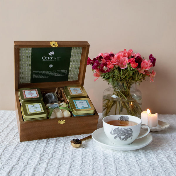 Ambrosial Tea Hamper (4 Wellness Teas, Organic Bubble candle & Infuser)-1
