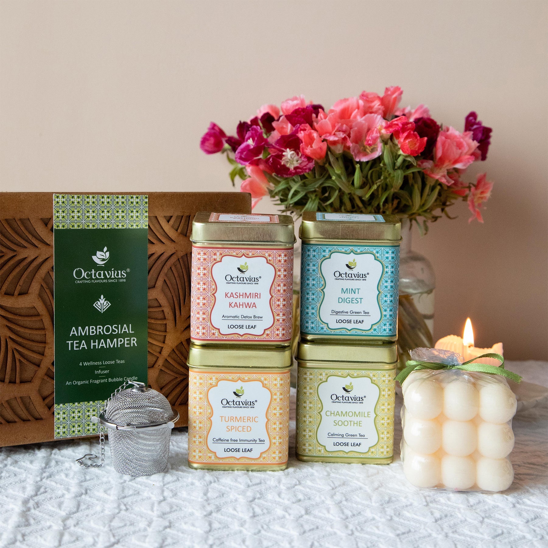 Ambrosial Tea Hamper (4 Wellness Teas, Organic Bubble candle & Infuser)-3
