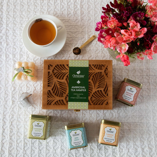 Ambrosial Tea Hamper (4 Wellness Teas, Organic Bubble candle & Infuser)