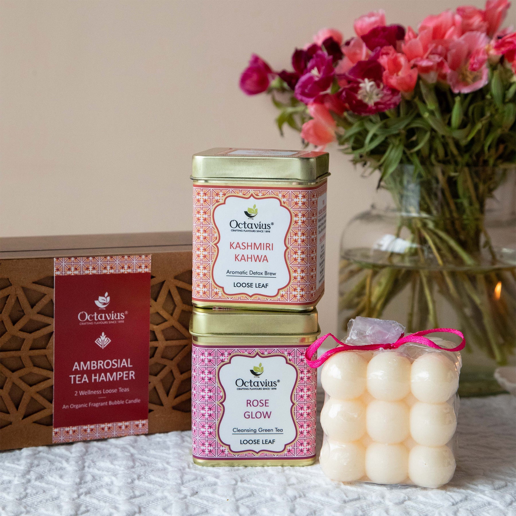 Ambrosial Tea Hamper (2 Wellness Teas & Organic Bubble candle)