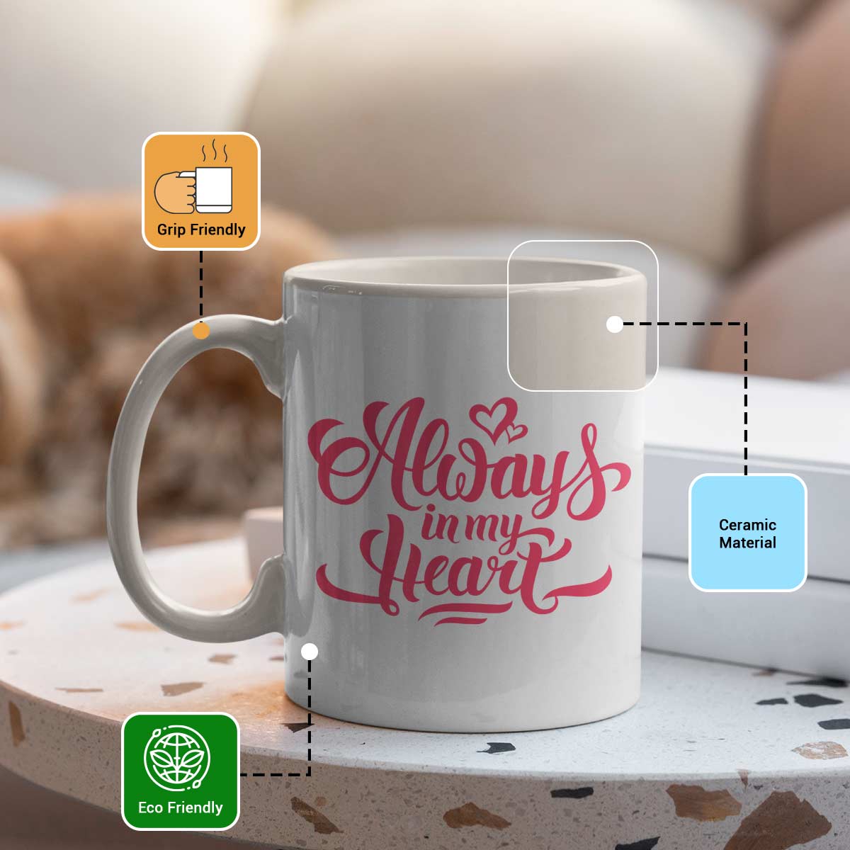 Always In My Heart Ceramic Couple Coffee Mug Gift for Valentine's Day-3