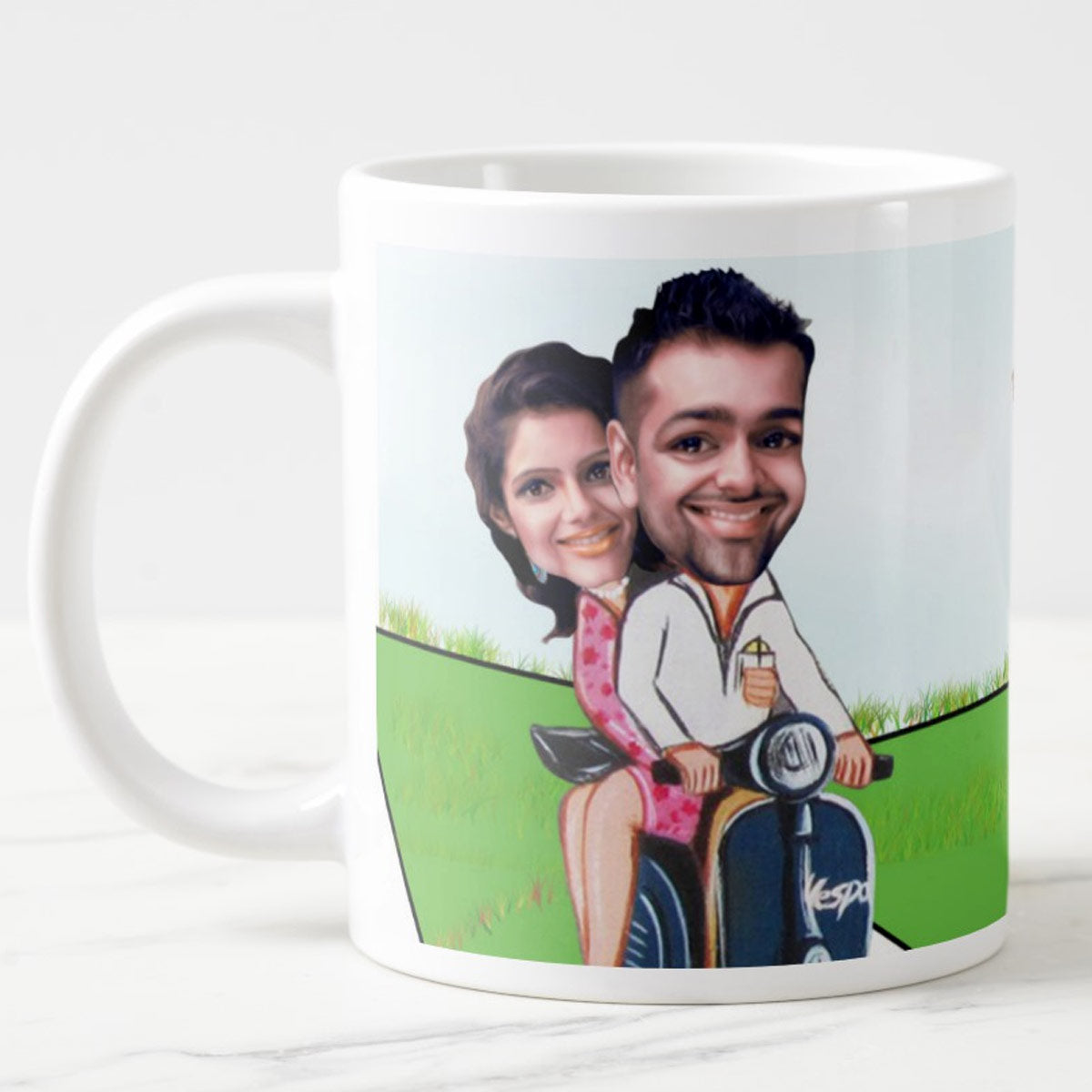 Personalised Couple On Scooter Caricature Mug
