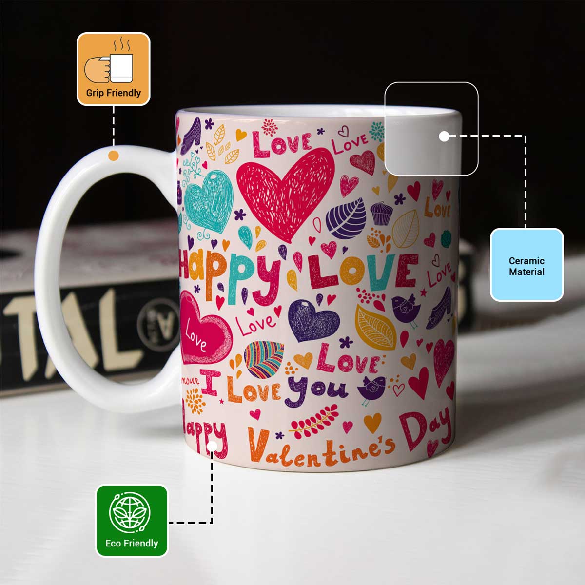 Happy Love Ceramic Couple Coffee Mug Gift for Valentine's Day-3