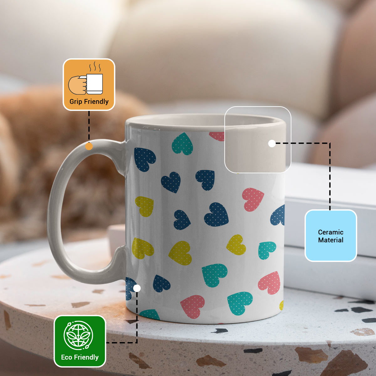 Colourful Hearts Printed Ceramic Couple Coffee Mug Gift for Valentine's Day-3