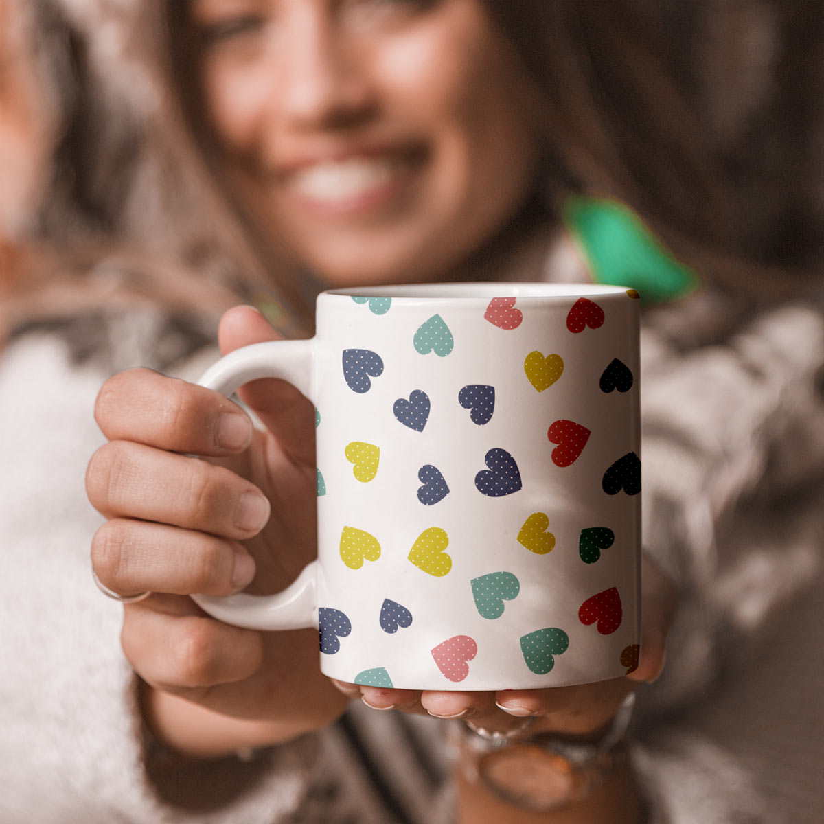Colourful Hearts Printed Ceramic Couple Coffee Mug Gift for Valentine's Day-1