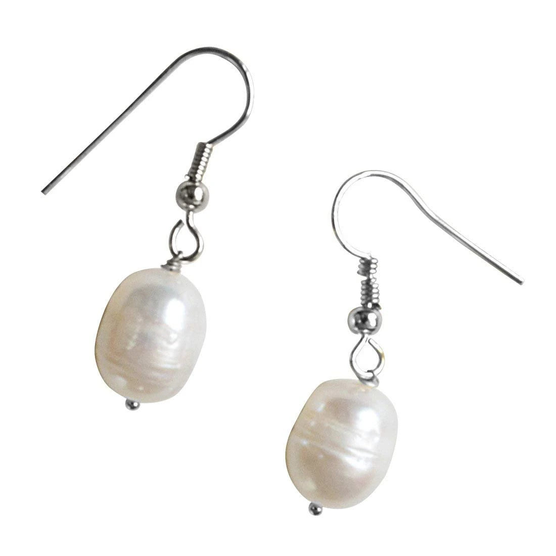 Real Elongated Freshwater Pearl & Silver Plated Wire Style Hanging Earrings