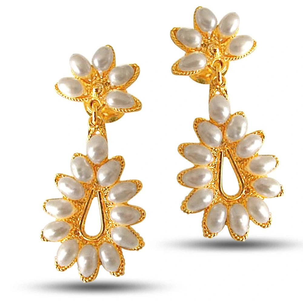 Flower Bloom - Flower Shaped Real Rice Pearl & Gold Plated Hanging Earrings
