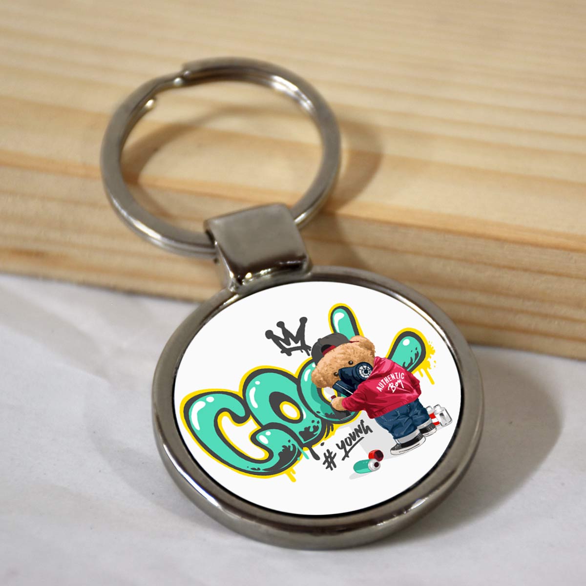 Cool Teddy Round Metal Keychain-1