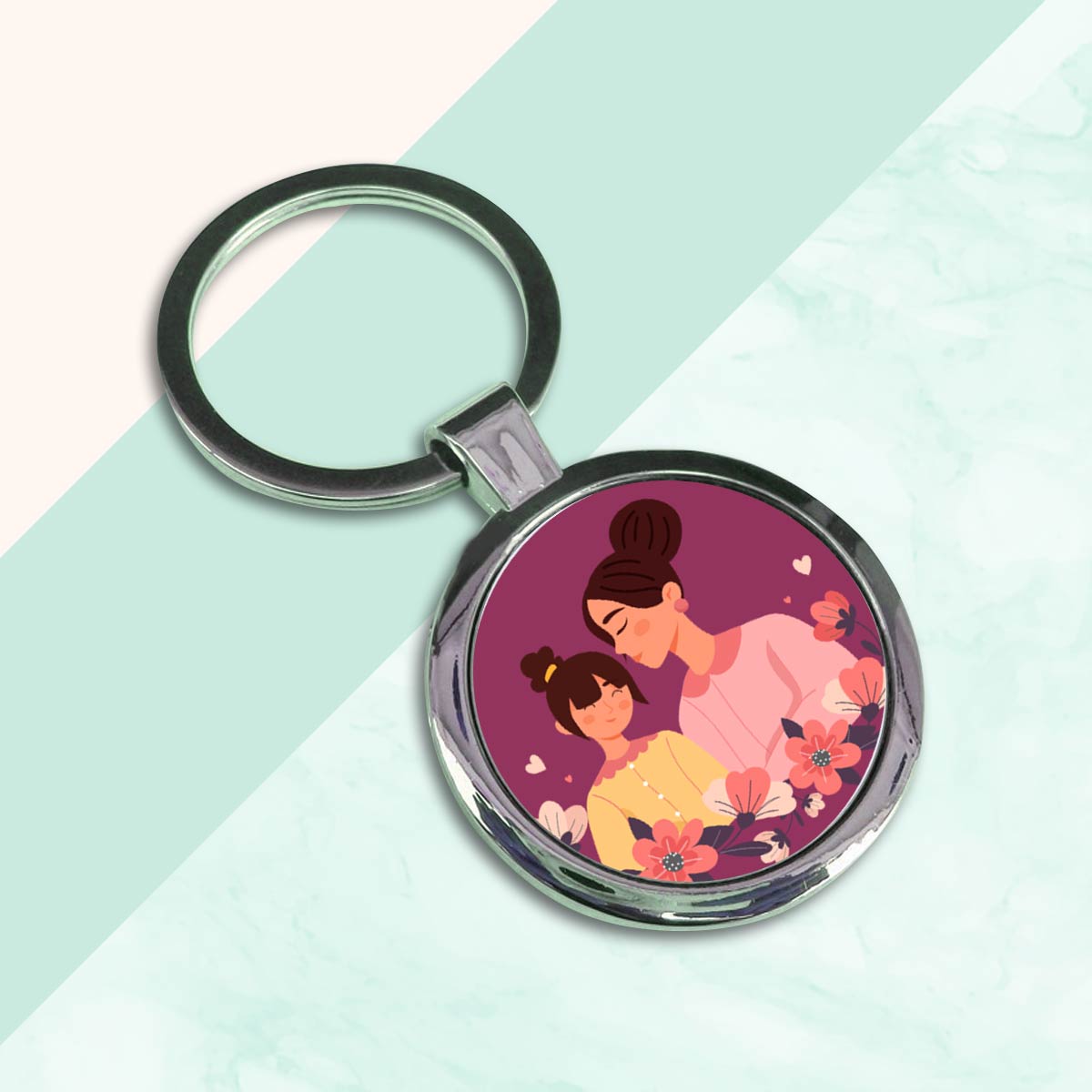 Mom With Daughter Round Metal Keychain Gift For Mother's Day 2