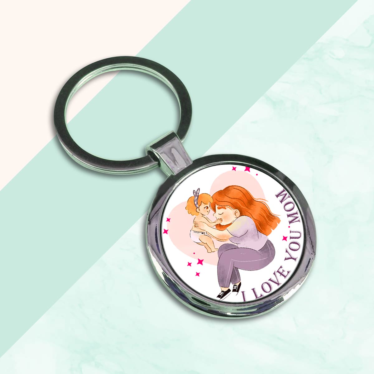 I Love You Mom Round Metal Keychain Gift For Mother's Day 2