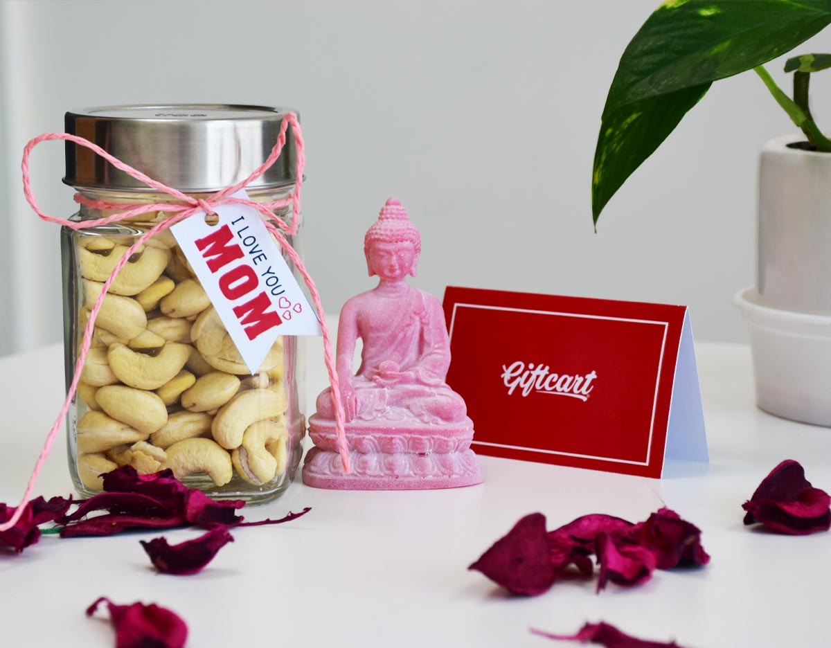 3 Piece Hamper for Mothers Day with Buddha Figure, Cashew Nuts and Greeting Card-1