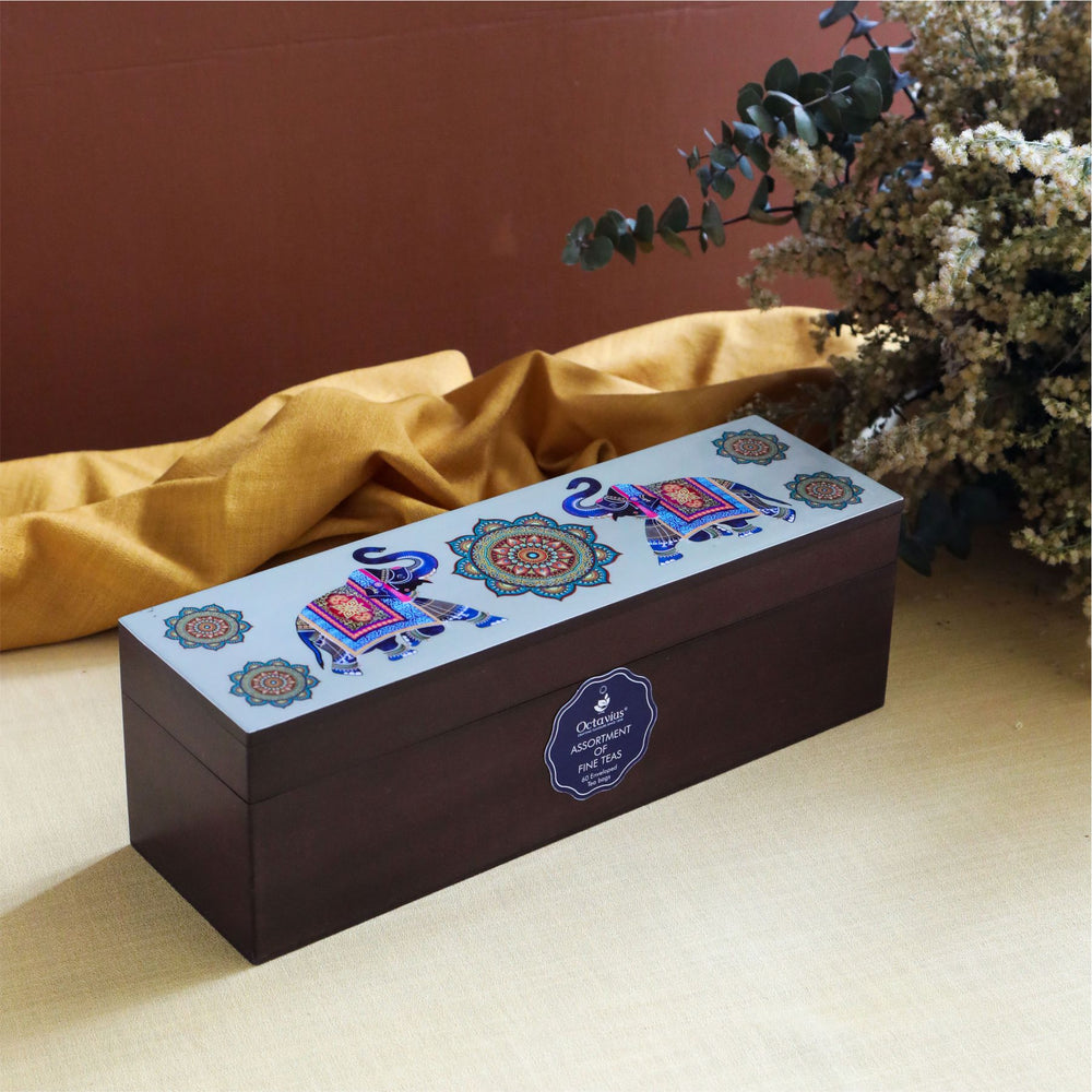 Assortment of Fine Teas- 60 Teabags in Elephant Print Wooden Box-4