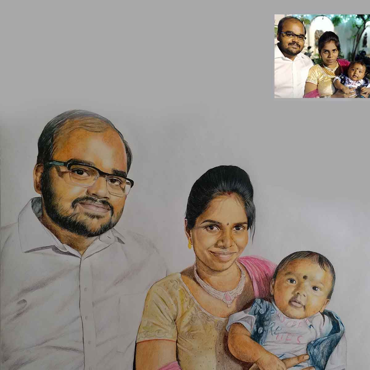 Handmade Custom Pencil Color Sketch Family/Group Portrait-2