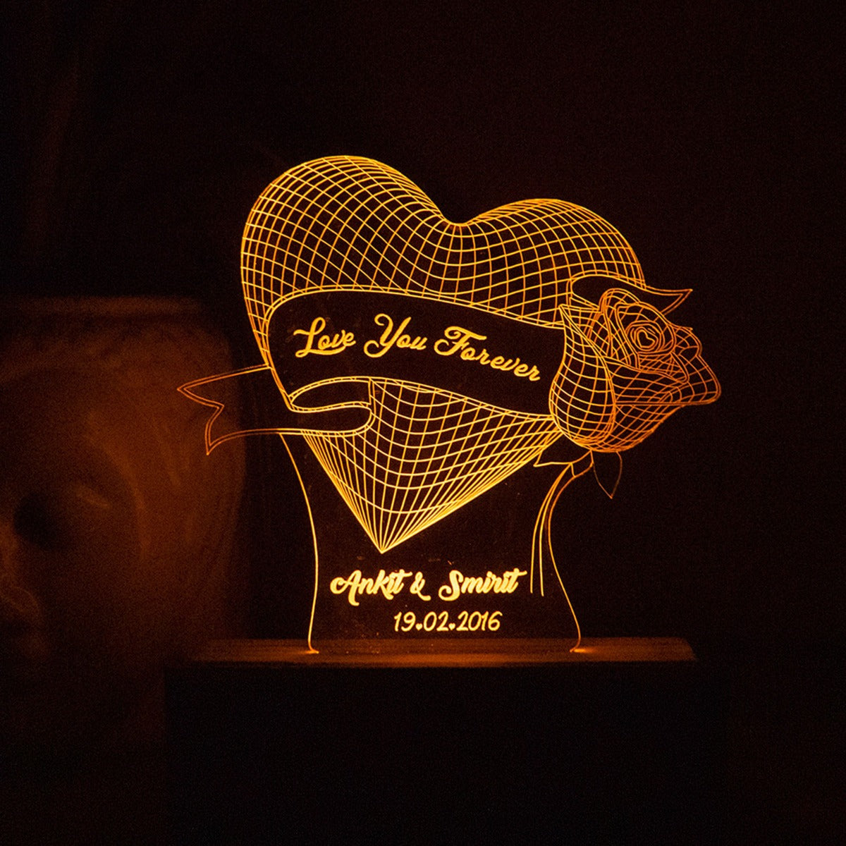 Personalised Heart Rose Night Lamp Yellow