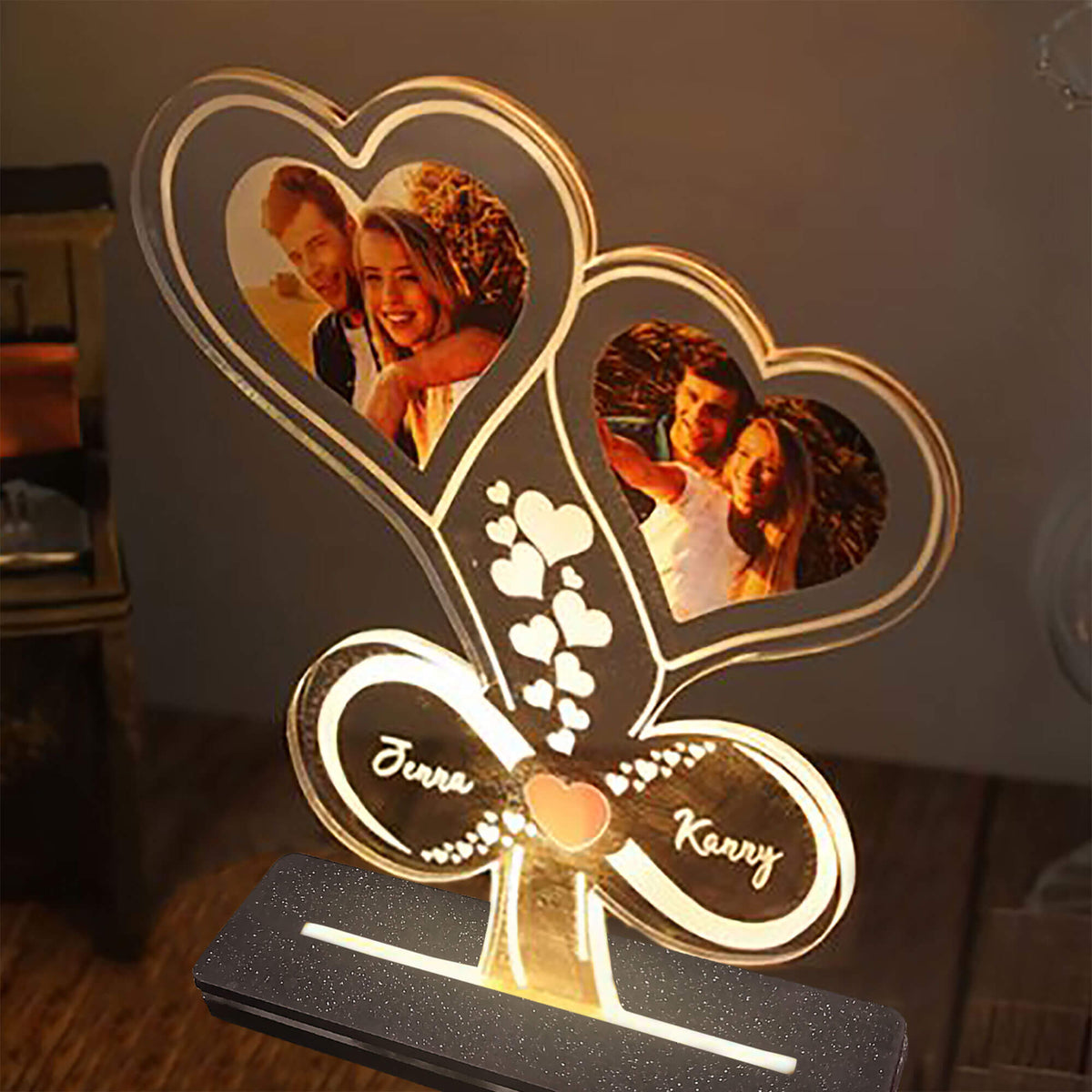 Personalized Double Heart With Infinity LED Photo Lamp With Stand