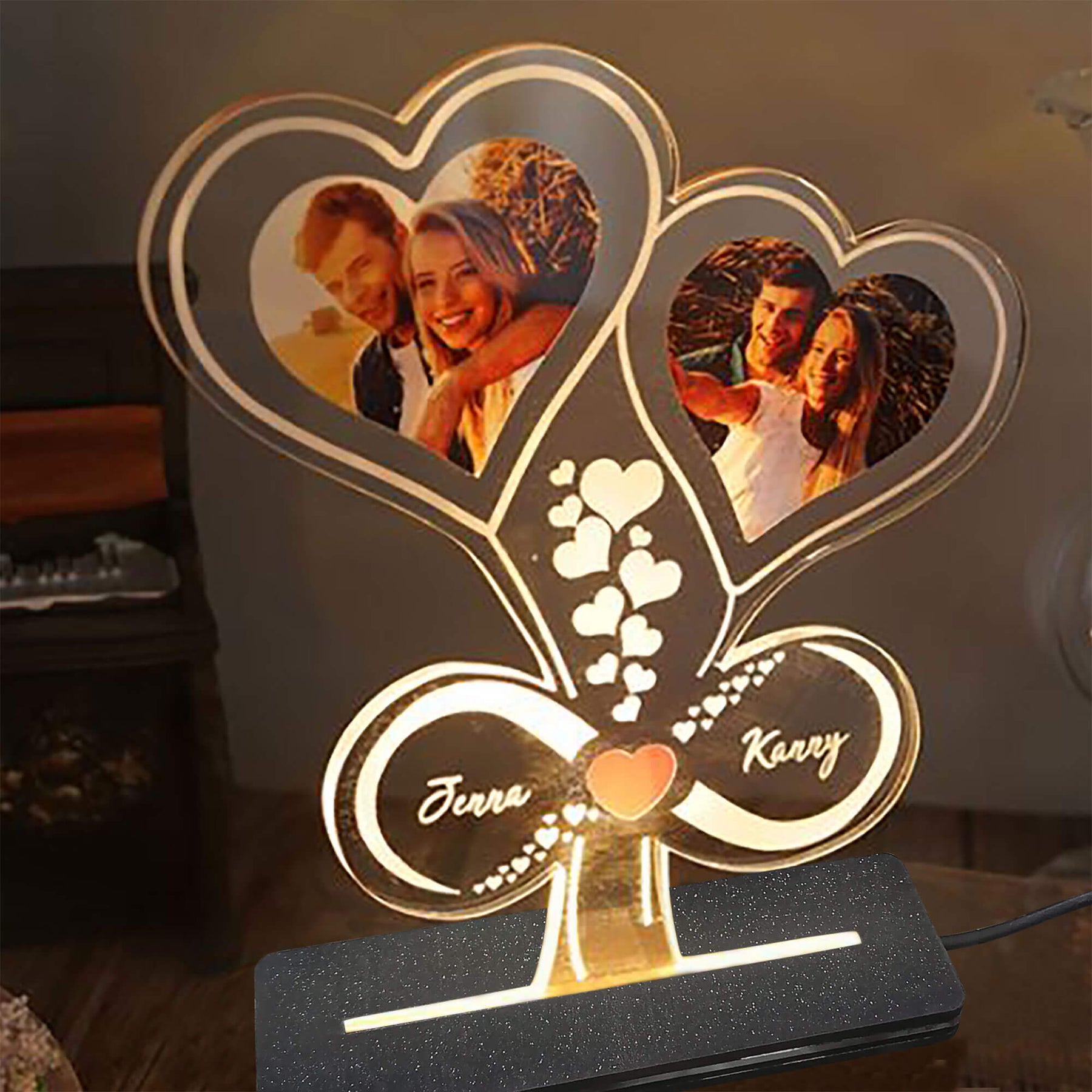 Personalized Double Heart With Infinity LED Photo Lamp With Stand