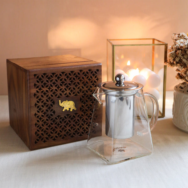 Pyramid Shape Borosilicate Glass Teapot in Sesham Wood Box - 500 ML-2