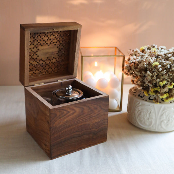Pyramid Shape Borosilicate Glass Teapot in Sesham Wood Box - 720 ML-1