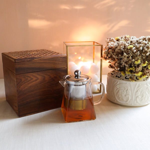 Pyramid Shape Borosilicate Glass Teapot in Sesham Wood Box - 720 ML-3
