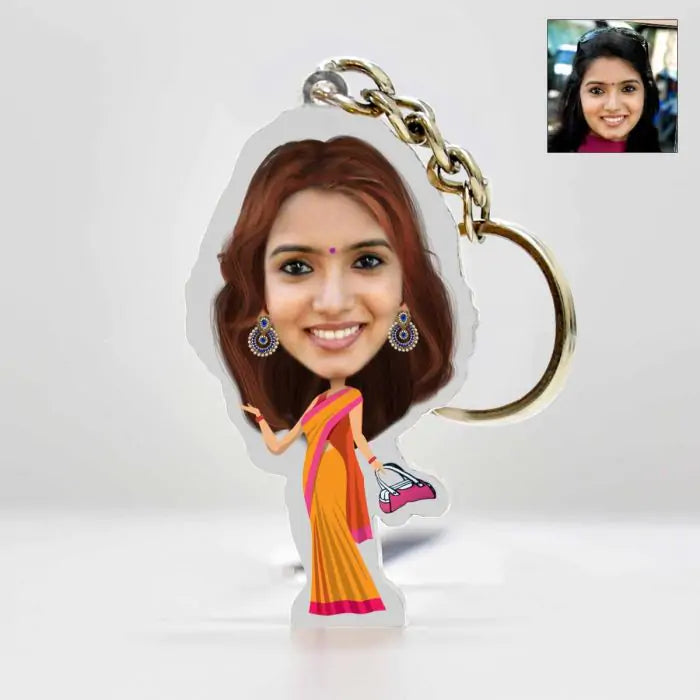 Personalised Indian Women Caricature Key Chain-1