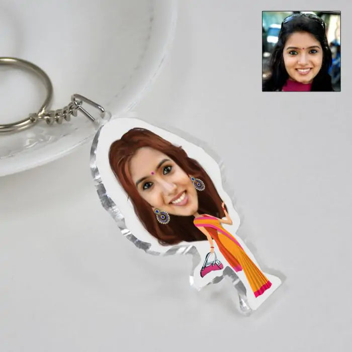 Personalised Indian Women Caricature Key Chain-2