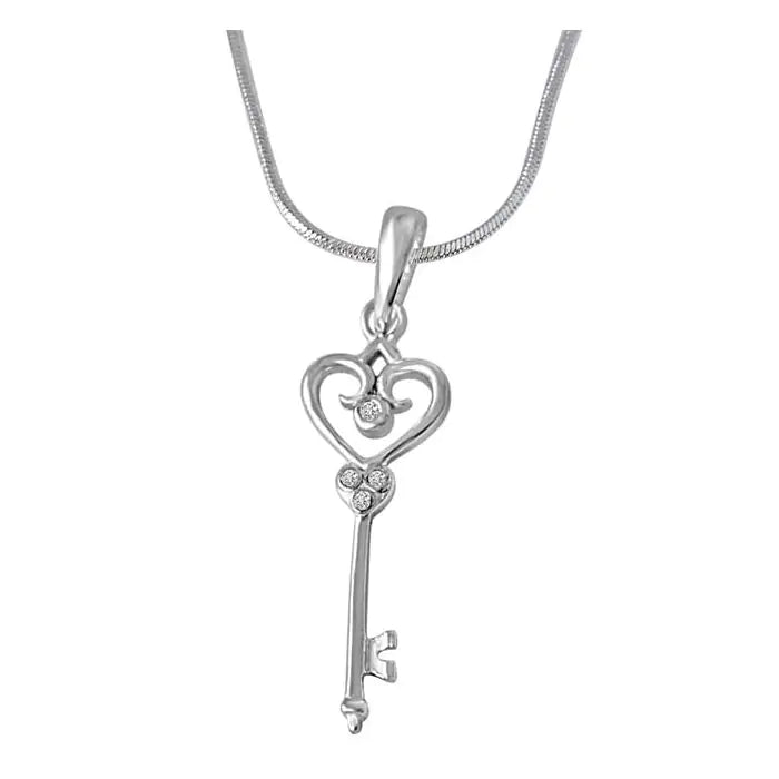 925 Sterling Silver Heart and Key Pendant Necklace for Women 