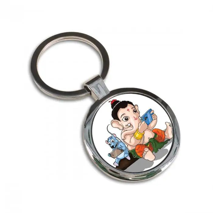 Digital Ganesha Round Metal Keychain