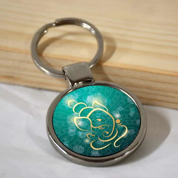 Ganesha Yellow Round Metal Keychain