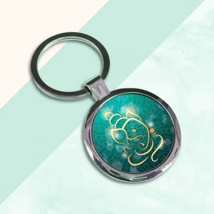 Ganesha Yellow Round Metal Keychain