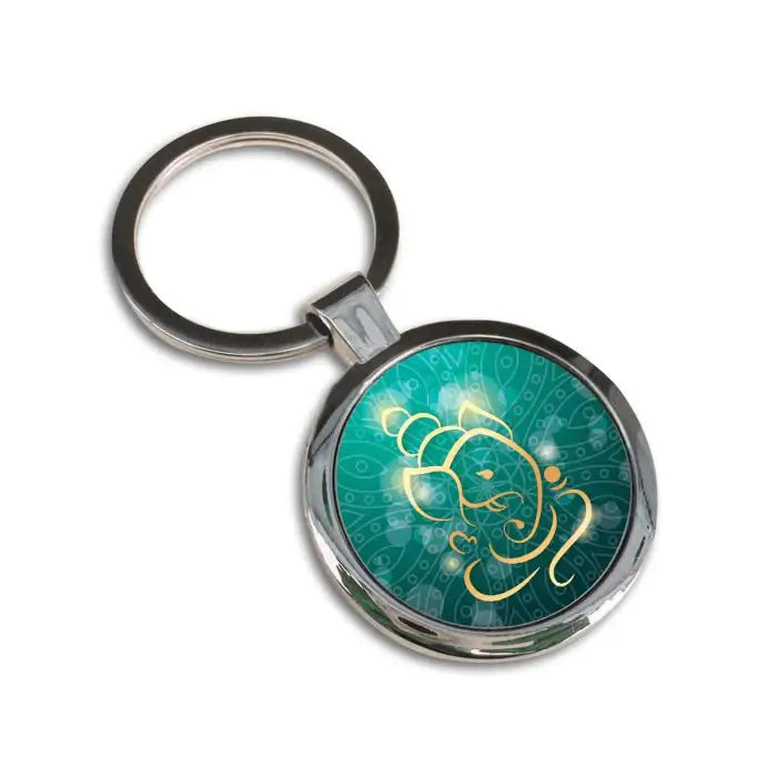 Ganesha Yellow Round Metal Keychain-3