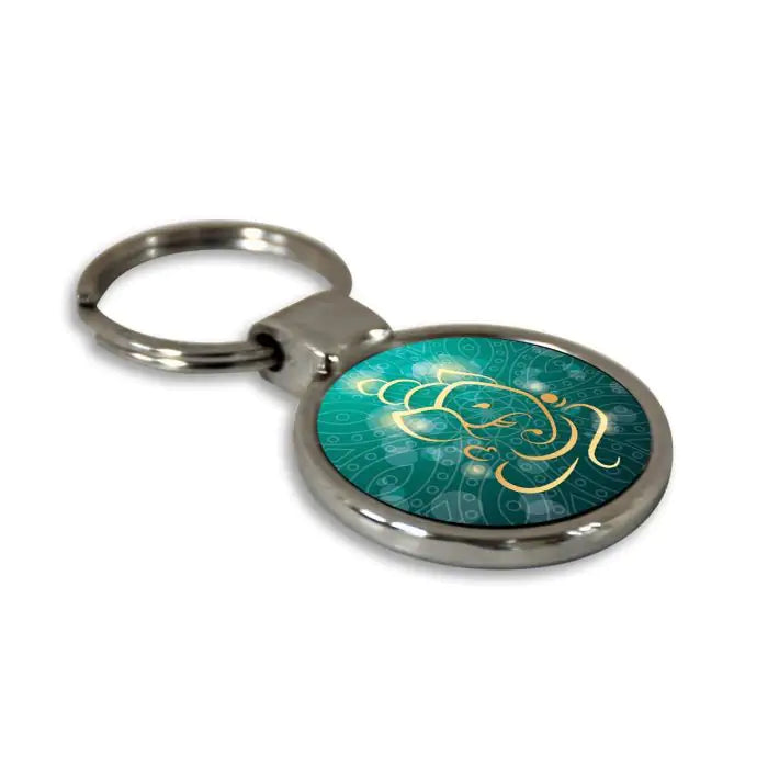 Ganesha Yellow Round Metal Keychain-4