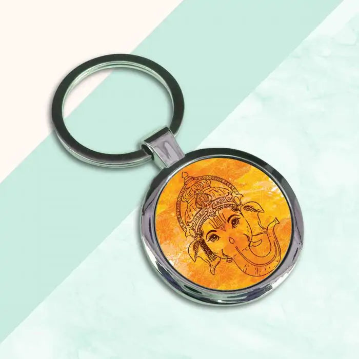 Ganesha Purple Round Metal Keychain