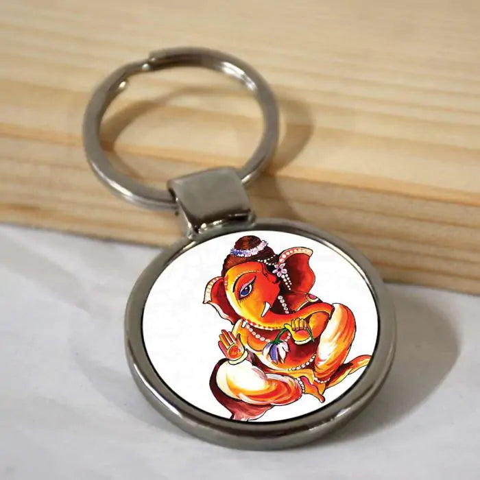 Ganesha Lotus Blessings Round Metal Keychain-1